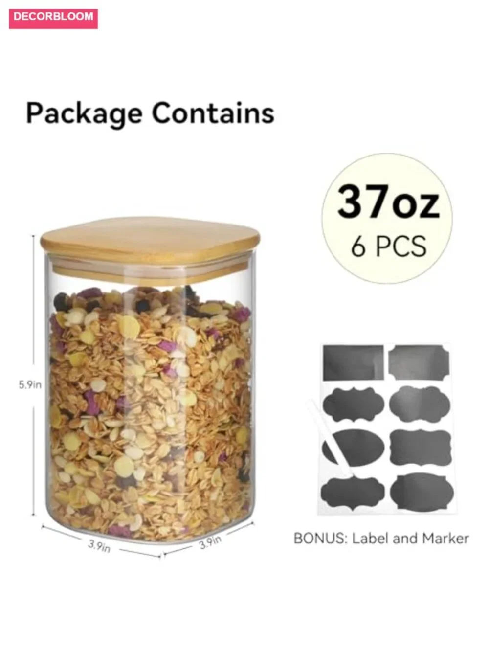 6 Pack Glass Pantry Storage Jars 37oz Airtight Square Canisters with Bamboo